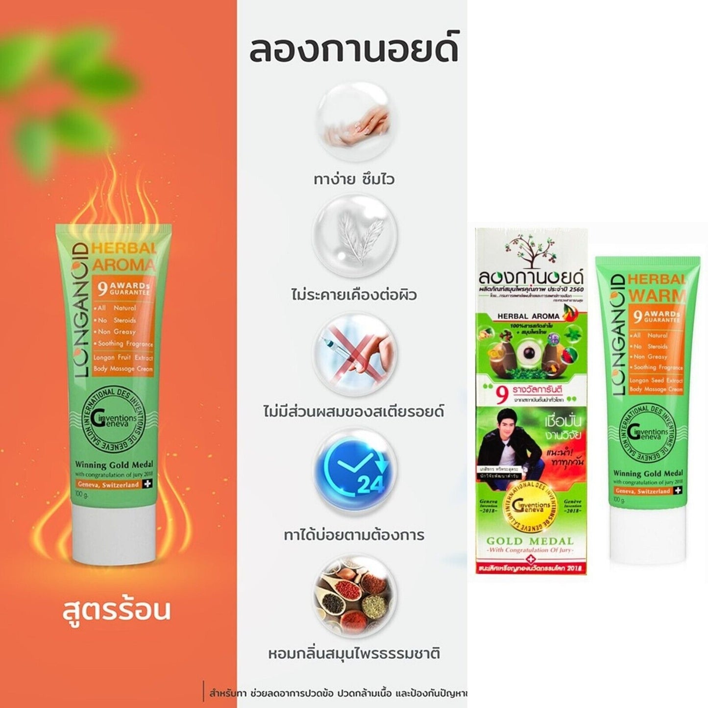 Longanoid Warm Cream Herbal Seed Extract Relief Muscle Aches Pain Sprains 100g