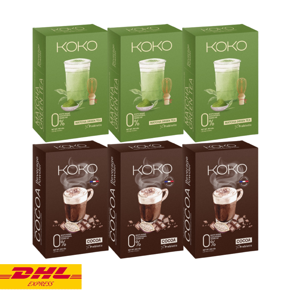 3x KOKO Matcha Green Tea +3x Cocoa Instant Mix Powder Drink Prebiotic Slimming