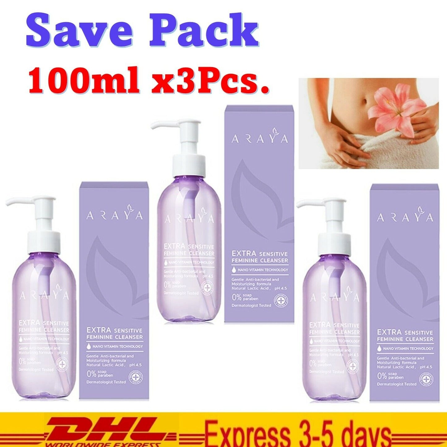 3x ARAYA Extra Sensitive Feminine Cleanser Safe Gentle Water Formula Natural