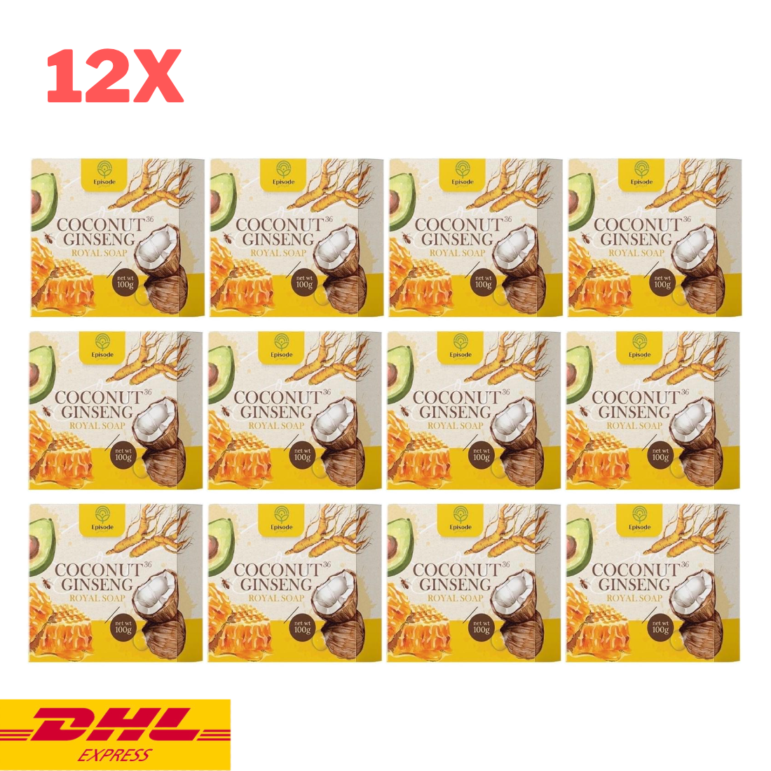 12x Coconut Ginseng Royal Soap Episode Brighten Skin Face Body Soft Smooth 100 g