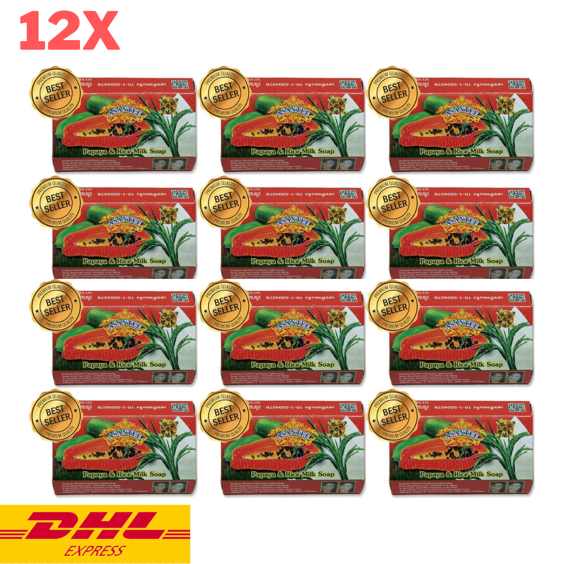 12x Asantee Papaya Rice Milk Soap Bar for Soft Smooth Skin Relax Natural 125 g