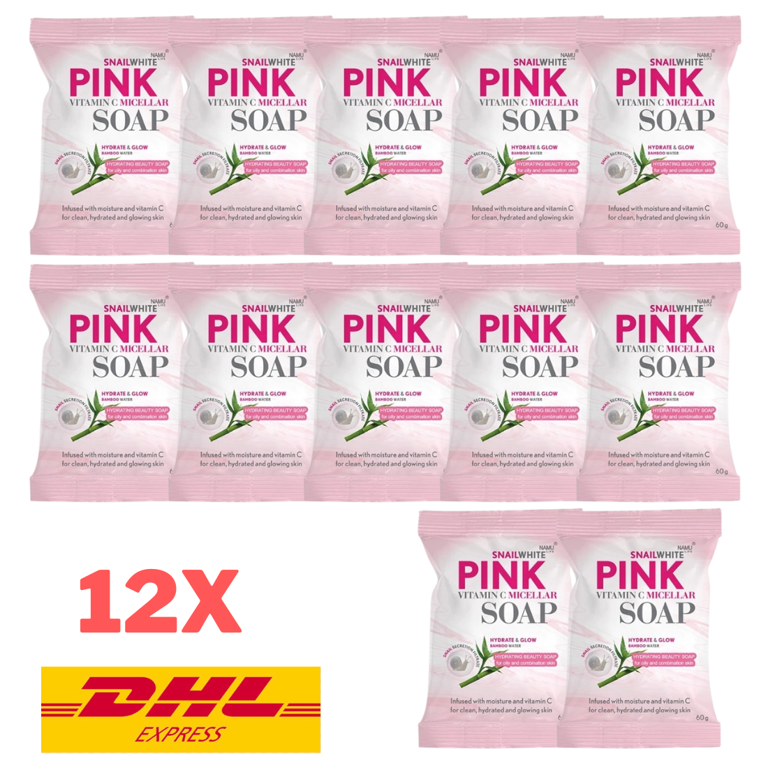 12x Snail White Pink Soap Vitamin C Micellar Face Body Skin Brightening Glow 60g