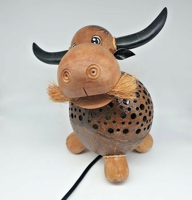 Buffalo Thai Hand Carved Handmade Wooden Crafts Coconut Shell Wood Lamp