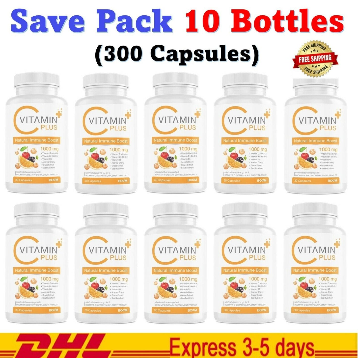 10x Vitamin C1000 mg Boom Plus Acerola Cherry Citrus Health Immunity Skin Care