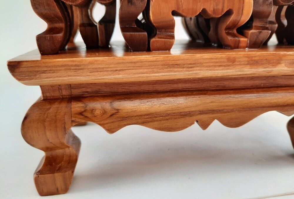 Altar Teak Wood Set 7 Thai Buddha Worship Miniature Table Hand Made Pattern Rare