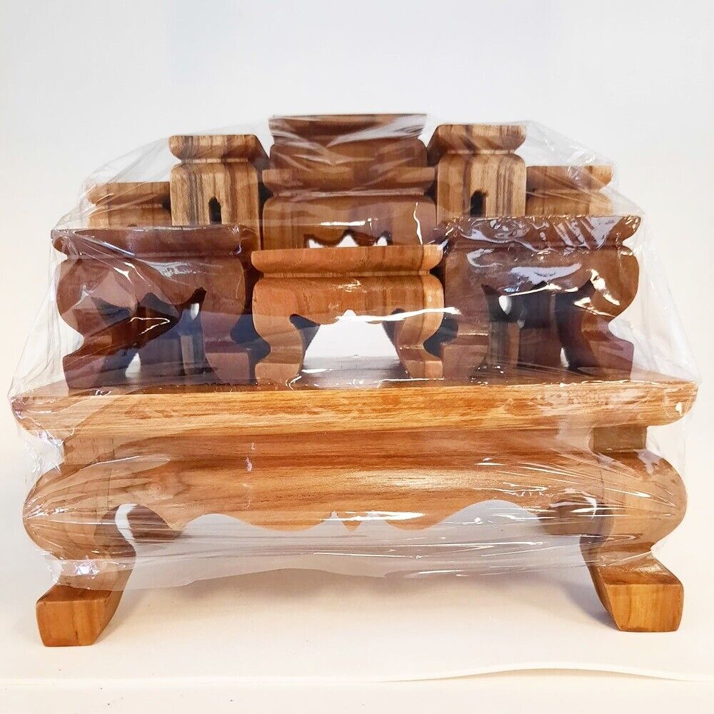Altar Teak Wood Thai Buddha Worship Set 9 Miniature Table Hand Made Pattern Rare