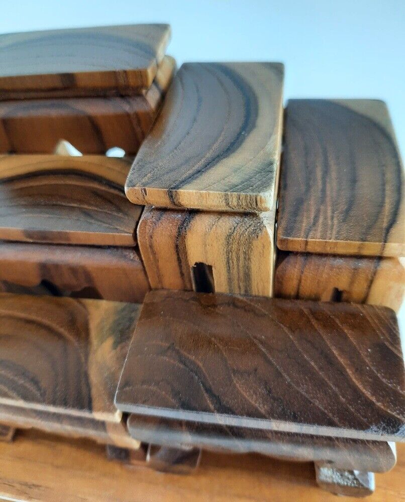 Altar Teak Wood Thai Buddha Worship Set 9 Miniature Table Hand Made Pattern Rare