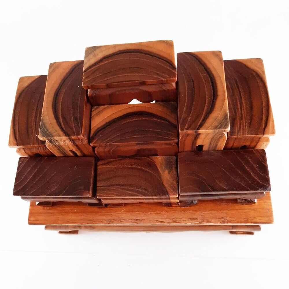 Altar Teak Wood Thai Buddha Worship Set 9 Miniature Table Hand Made Pattern Rare
