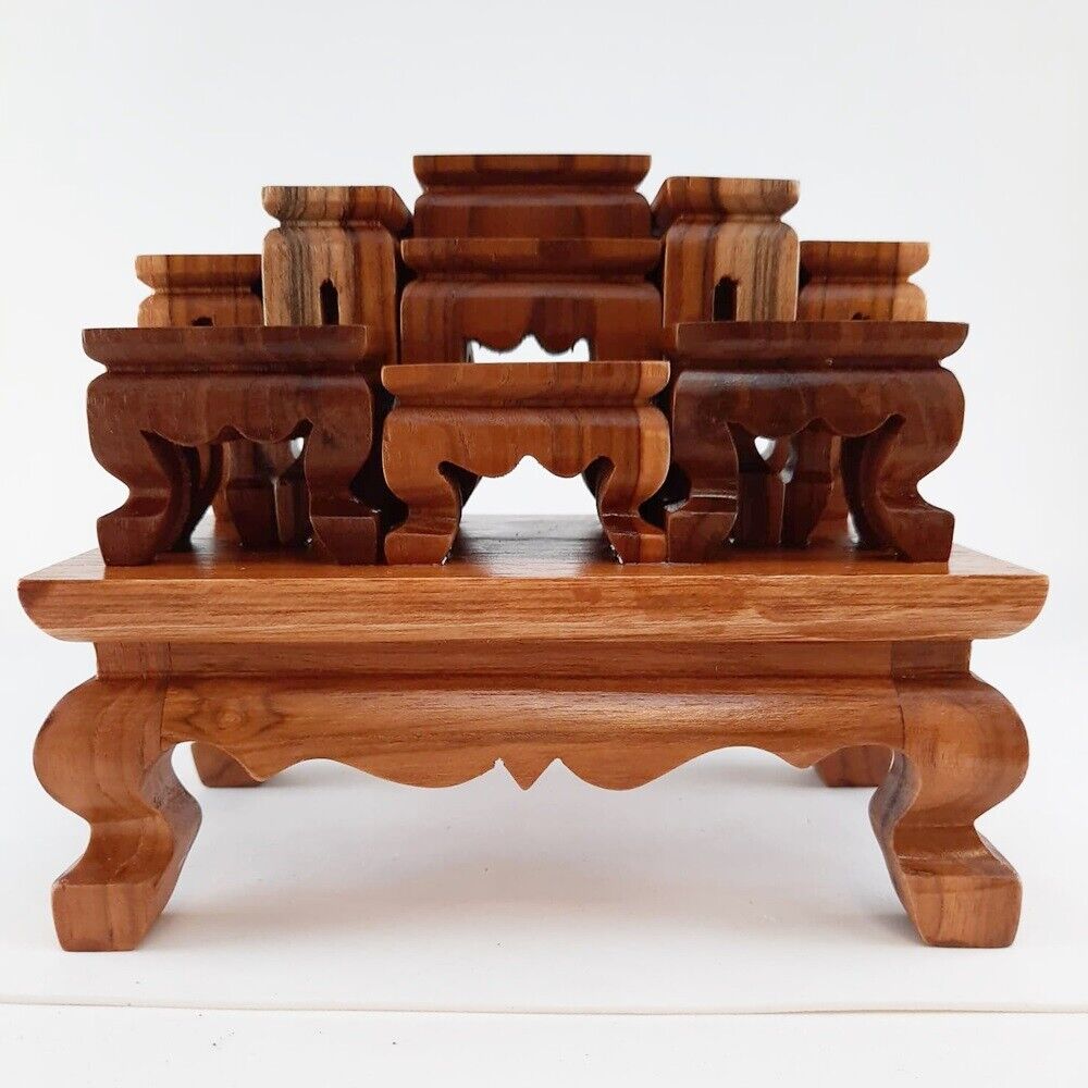 Altar Teak Wood Thai Buddha Worship Set 9 Miniature Table Hand Made Pattern Rare