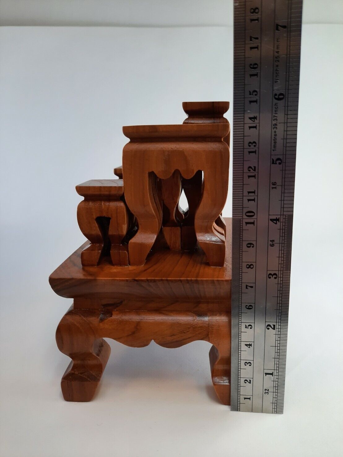 Altar Teak Wood Thai Buddha Worship Set 9 Miniature Table Hand Made Pattern Rare