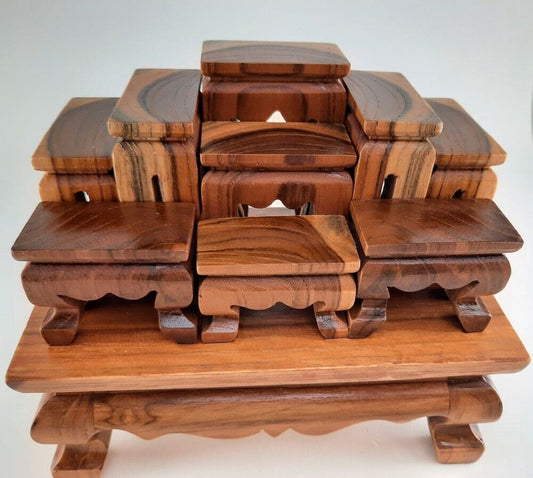 Altar Teak Wood Thai Buddha Worship Set 9 Miniature Table Hand Made Pattern Rare