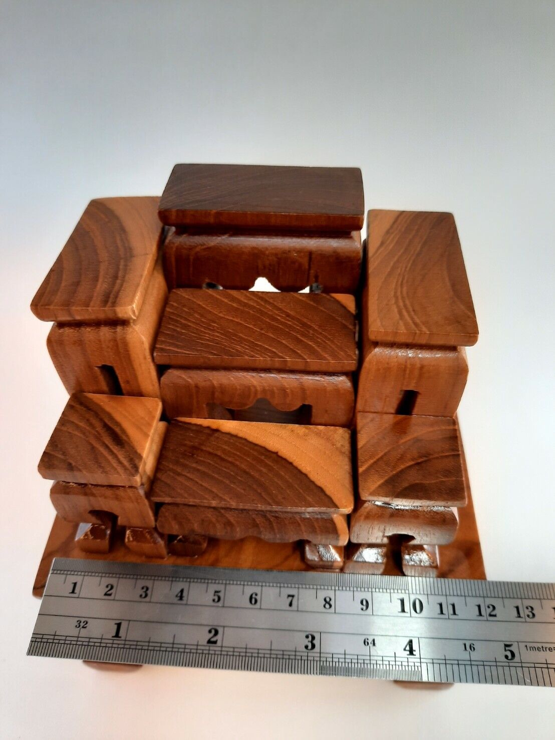 Altar Teak Wood Thai Buddha Worship Set 9 Miniature Table Hand Made Pattern Rare