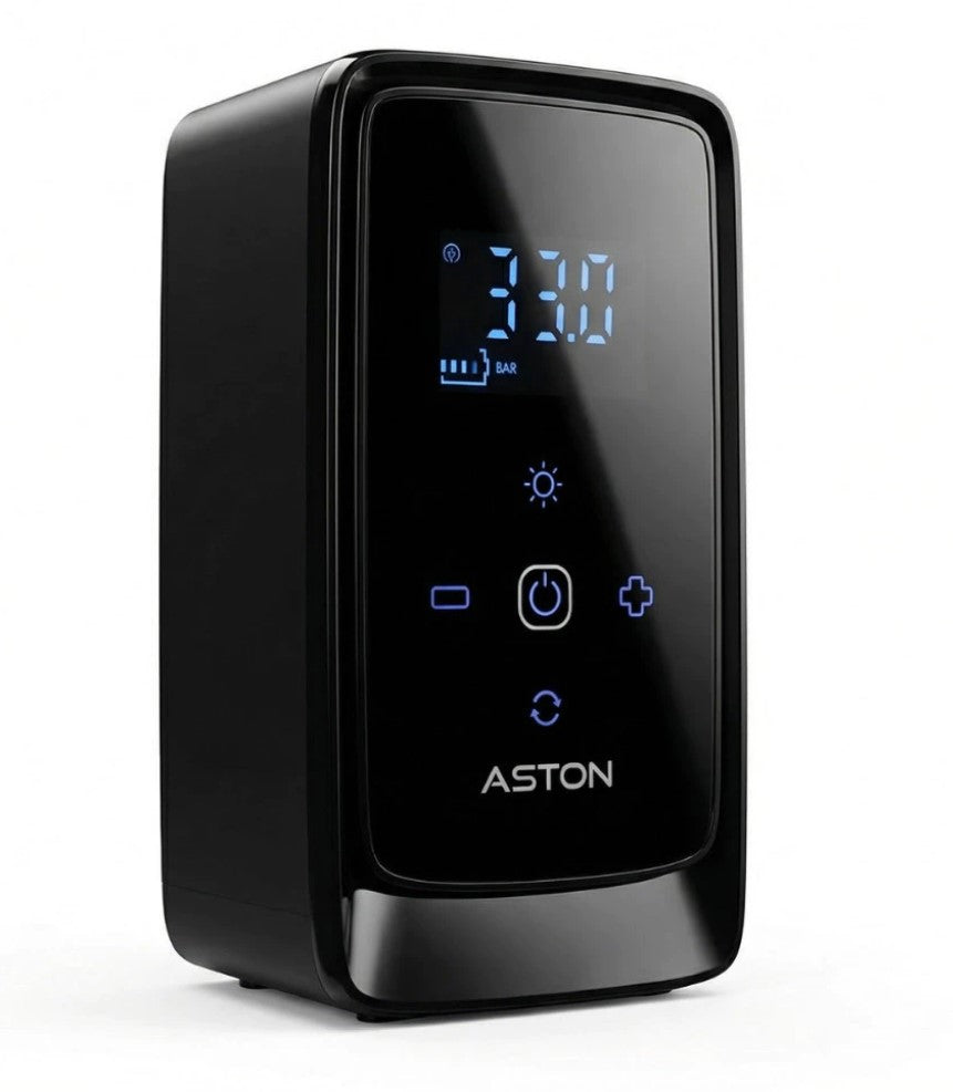 Aston Air Lite Digital Air Pump: Automatic pressure, 5-meter hose, fast and powerful inflation (150 PSI), 1-year warranty.