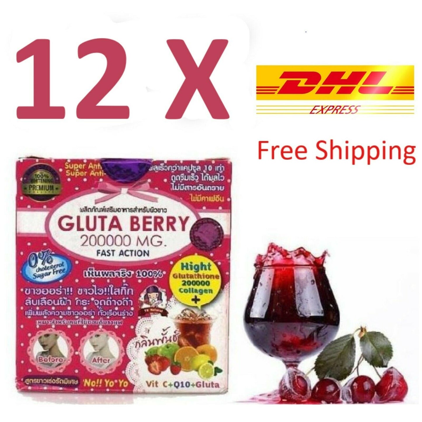 Gluta Berry Glutathione 200000 mg Drink PUNCH Reduce Freckles Whitening Skin