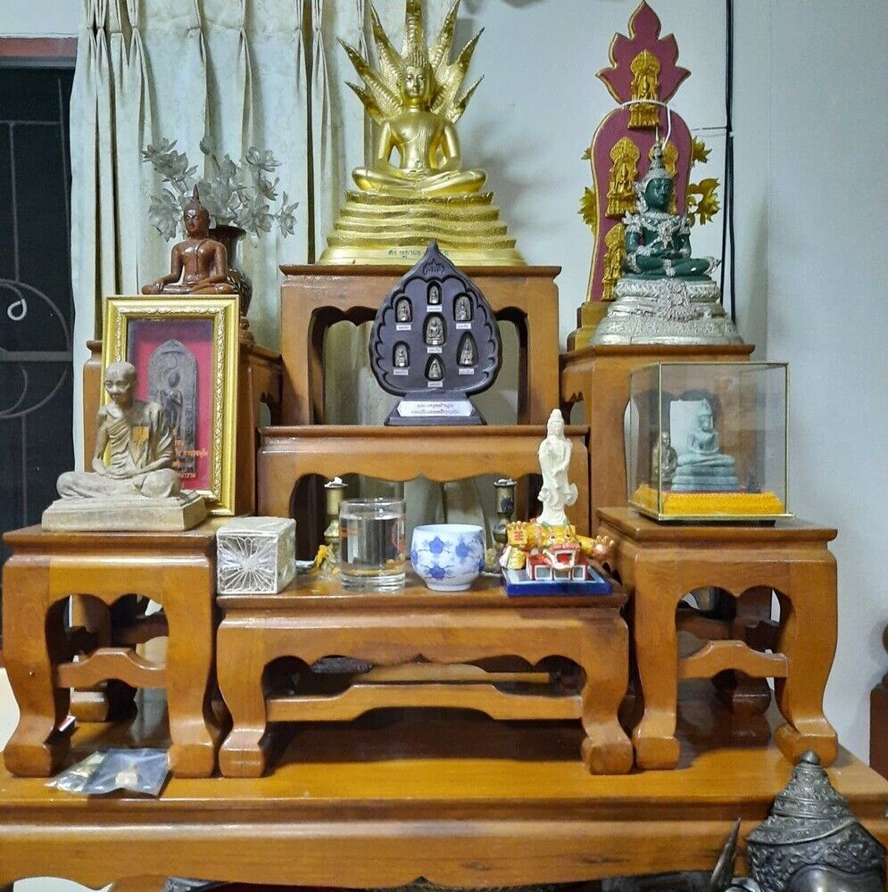 Altar Teak Wood Set 7 Thai Buddha Worship Miniature Table Hand Made Pattern Rare