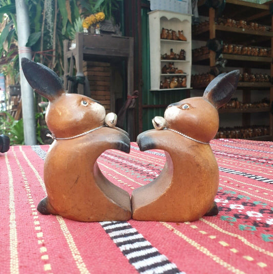Wooden Thai Rabbit Sitting Carved Figurine Home Decoration Lifelike (Set 2 Pcs)