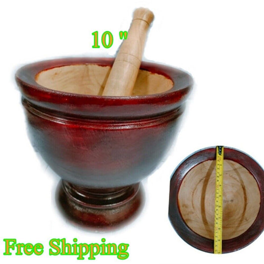 Natural Wooden Mortar Pestle Crafts Thai Hand Made Papaya Salad Spices Herb 10"