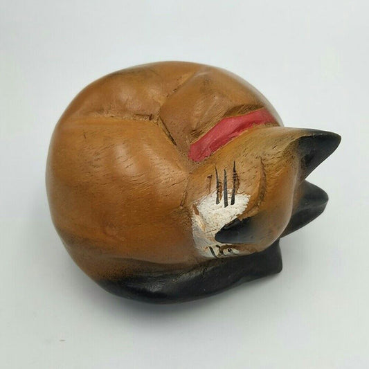 Wooden Sleeping Cat Doll Handmade Wood Carved Kitten Figurine Statue Cute Crafts