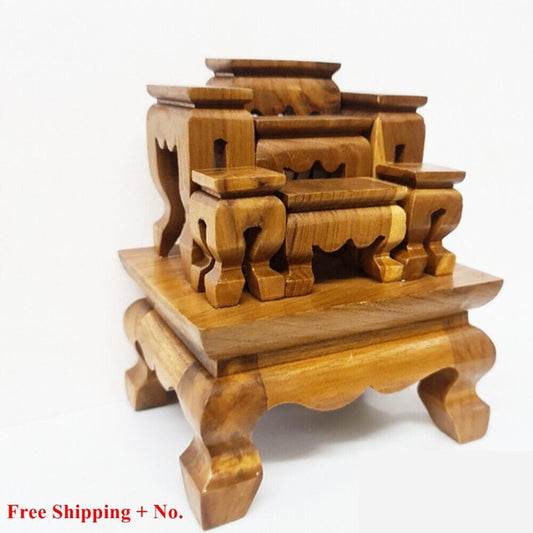 Mini Altar Thai Buddha Worship Wood Set 7 Amulet Miniature Table Teak Shelf Tiny