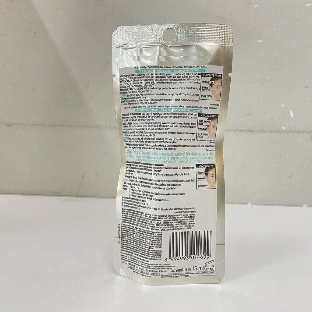 2x L'oreal Paris UV Defender Matte & Fresh SPF50+ PA++++ Sunscreen Protect 15ml