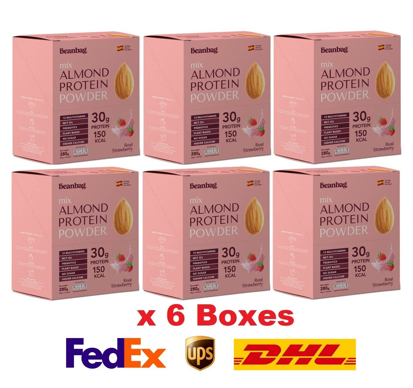 6x Beanbag Almond Protein Powder Real Strawberry High calcium protein vegetarian