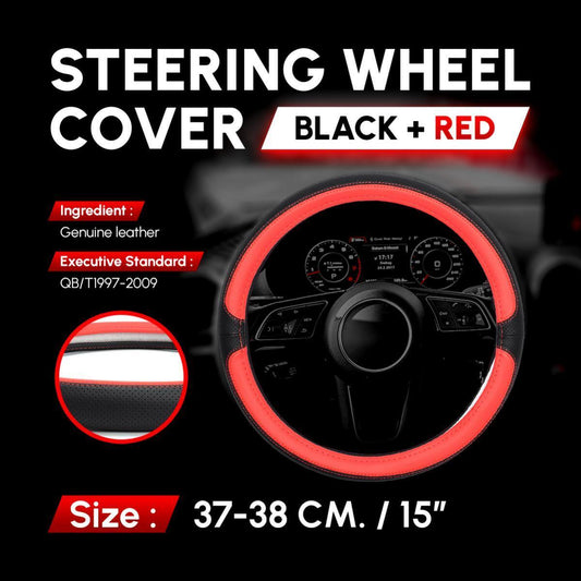 Steering Wheel Cover 15" Anti-Slip Grip Genuine Leather Black Red Universal Car