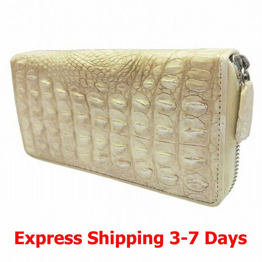 White GENUINE CROCODILE SKIN LEATHER BONE ZIPPER WOMEN'S CLUTCH BAGS WALLETS