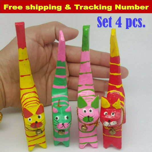Wooden Long Tail Cat Set Decorative Cat Statue Handcarved Hand Painted