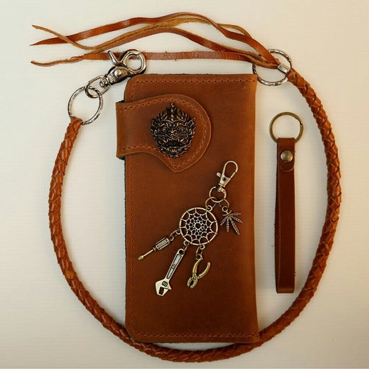 Leather Wallet Men's Brown Vintage Blocking Biker Long Trifold Braided line Art
