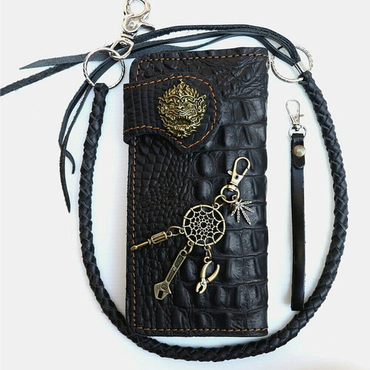 Leather Wallet Men's Black Vintage Crocodile Pattern Hanuman Cowboy Long Crafts