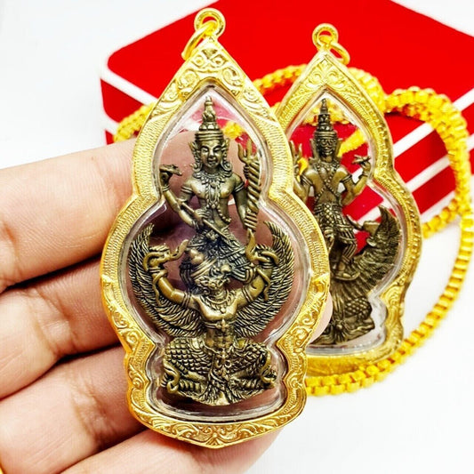Lord Vishnu Narayan Hindu God Thai Amulet Pendant Garuda Case Gold Micron