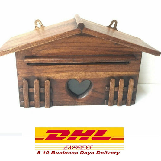 Wooden Mail Box Heart Post Box Holder Wall Hang Teak Wood Antique Vintage Style
