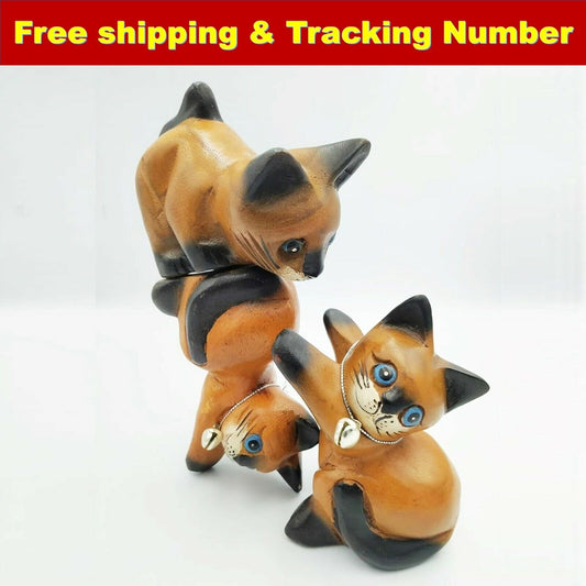 3x WOODEN CAT Cheers Hand Head Bend Carve Statue Figurine Crafted Home Decor