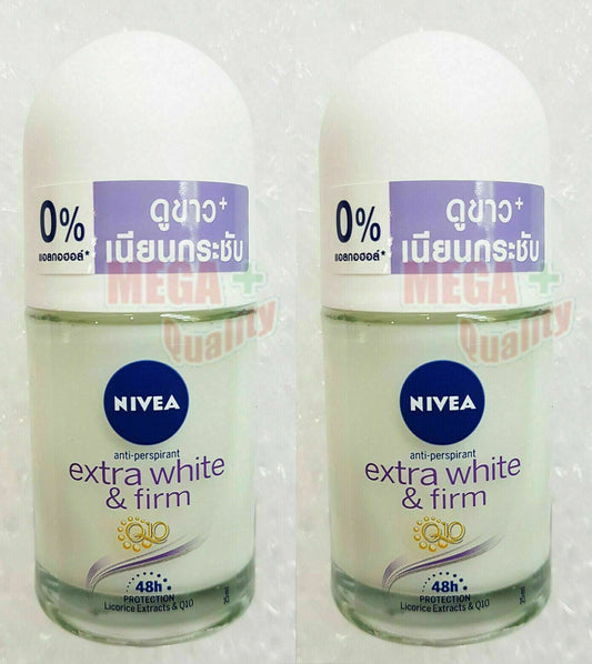 2 x Nivea Extra White + Firm Q10 Anti-perspirant 48h Deodorant Roll on 25ml