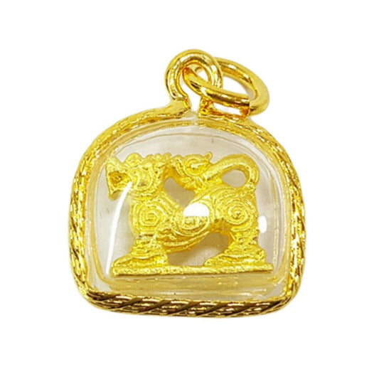 Singha Lion Thai Amulet Talisman Pendant Gold Micron Case Powerful Strength
