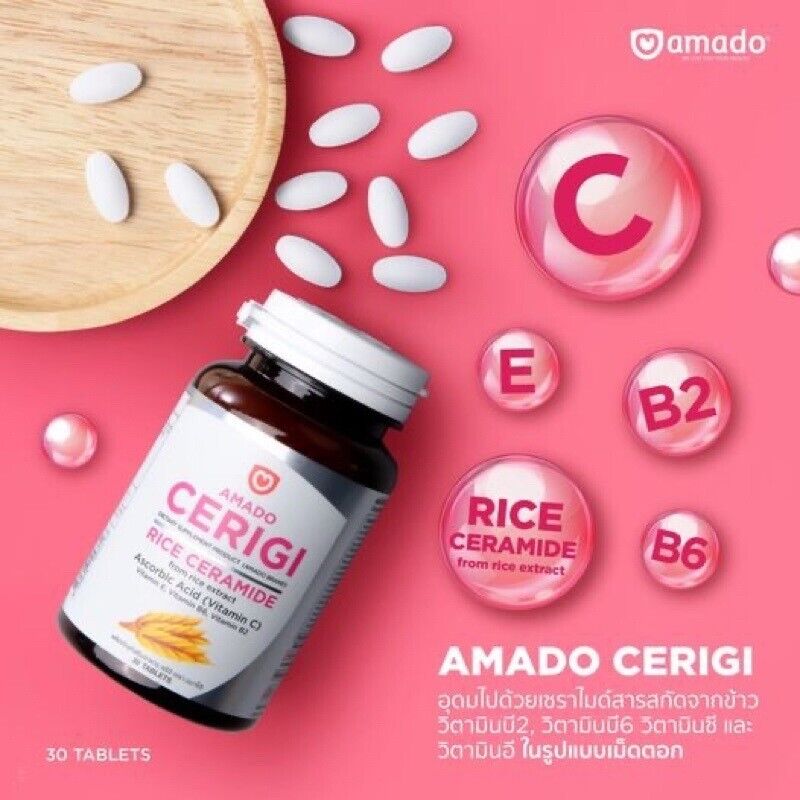 Amado Cerigi Collagen Rice Ceramide Extract Vitamins Skin Clear Healthy 30 tabs