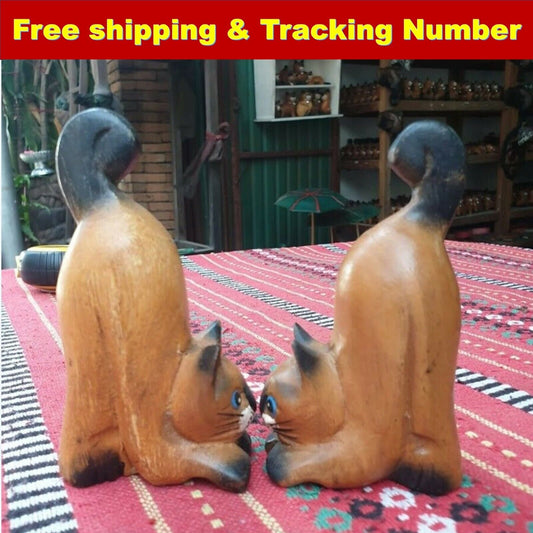 Wooden Pairs Cat Ass Handmade Carved Rain Tree Wood Kitty Cat Figurine Home Deco