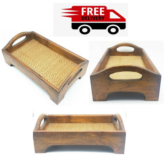 Wooden Tray Tables with Stand Handle Wood Tray Serving Plate Bamboo Rectangle