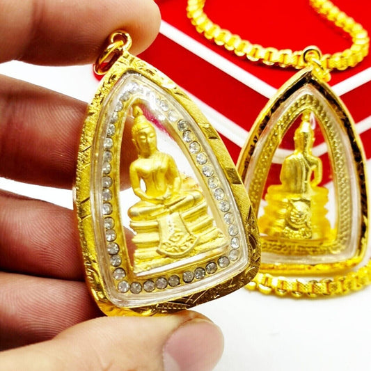 Sacred Thai Buddha Amulet Pendant LP Buddha Sothon Talisman Gold Micron Case