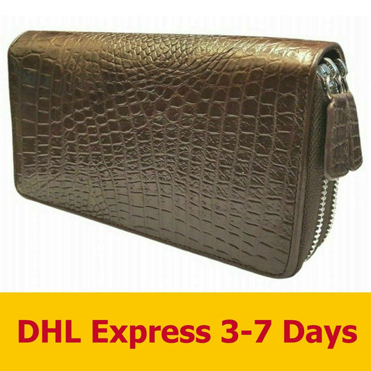 BROWN TWO ZIPPER GENUINE CROCODILE WALLETS SKIN LEATHER BELLY WOMEN'S CLUTCH BAG