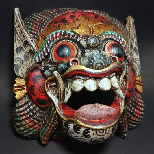 Balinese Wood Mask Barong Tiger Red Indonesian Carving Wall Hanging Folk Art new