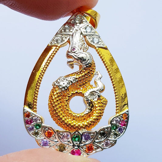 Thai Amulet Pendant Dragon Naga Gold Plated Wealth Prosperity 24K Attractiveness
