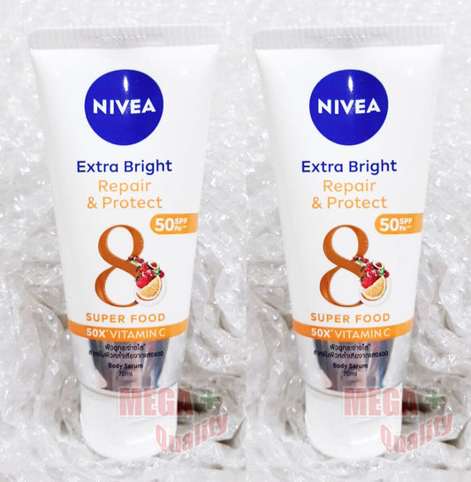 2 x NIVEA BODY LOTION UV SPF 50 BRIGHT SERUM SUPER CELL REPAIR PROTECT 70 ml