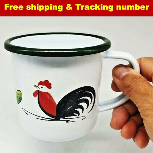 Vintage Enamel Cup Mug Coffee Chicken Cock Rooster Design Thai Camping Party