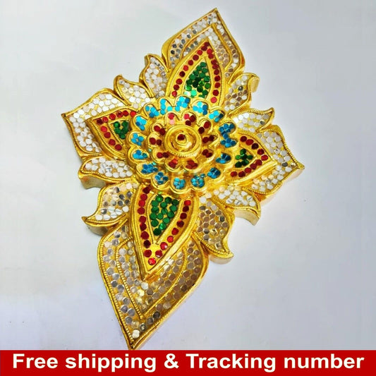 Wood Carved Vintage Wall Panel Thai Handmade Gilded Stained Color Glass Home Art
