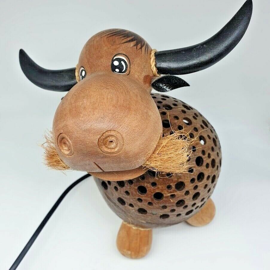 Buffalo Thai Hand Carved Handmade Wooden Crafts Coconut Shell Wood Lamp