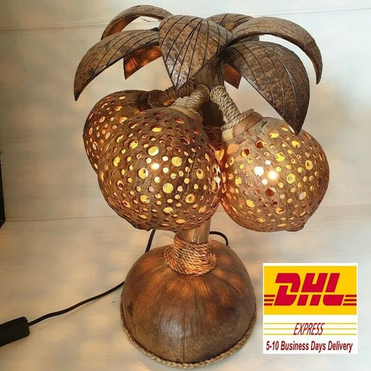Coconut Tree Sculpture Table Lamp 3 Shades Coconut Shell Tropical Tiki Bar Decor