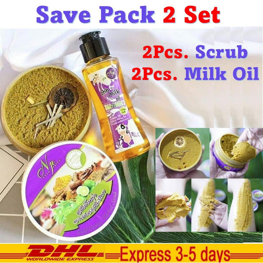 4x Ngam Pring Spa Herbal Honey Body Scrub & Milk Oil Radiant Smooth Aura Skin