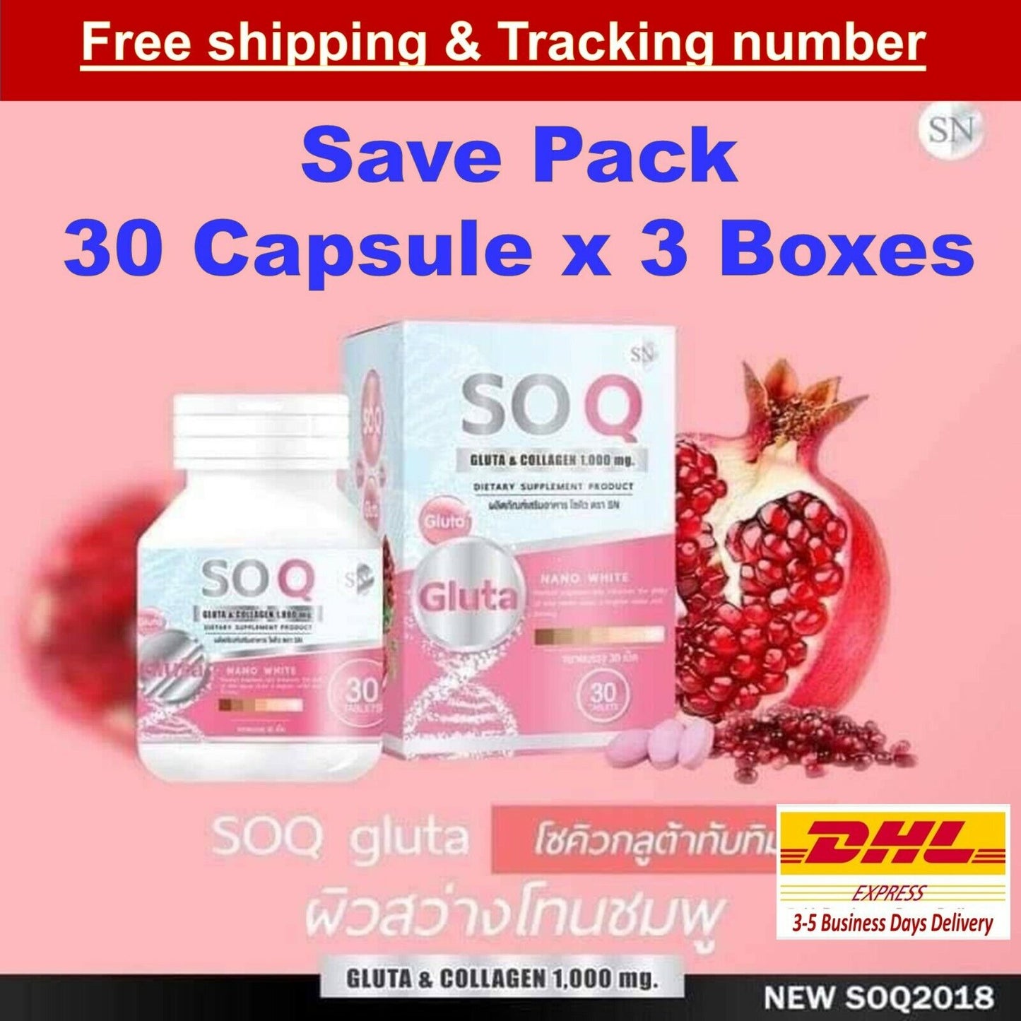 3 X SOQ Gluta Collagen 1000mg Radiance Skin Reduces Dark Spots Age Spot Freckle