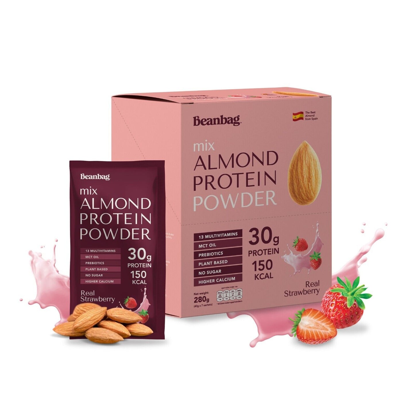 6x Beanbag Almond Protein Powder Real Strawberry High calcium protein vegetarian